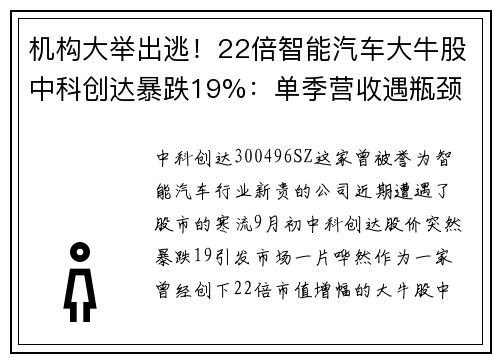 机构大举出逃！22倍智能汽车大牛股中科创达暴跌19%：单季营收遇瓶颈