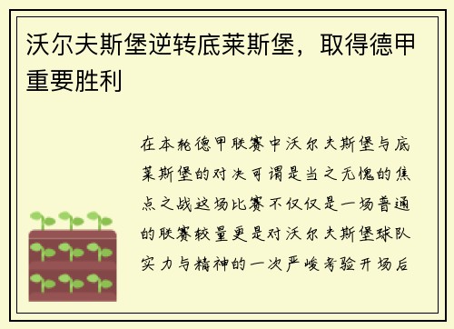 沃尔夫斯堡逆转底莱斯堡，取得德甲重要胜利