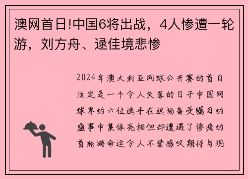 澳网首日!中国6将出战，4人惨遭一轮游，刘方舟、逯佳境悲惨