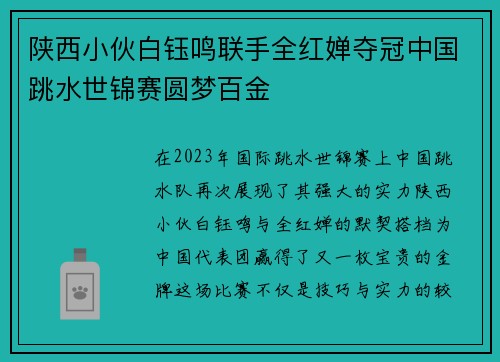 陕西小伙白钰鸣联手全红婵夺冠中国跳水世锦赛圆梦百金