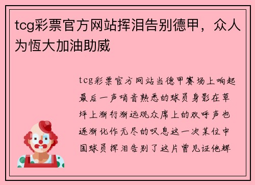 tcg彩票官方网站挥泪告别德甲，众人为恆大加油助威
